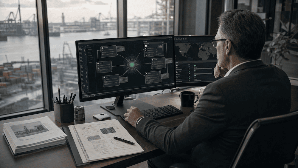 Commercial intelligence analyst using an AI operating system to connect global market data, account signals and traceable technical evidence.