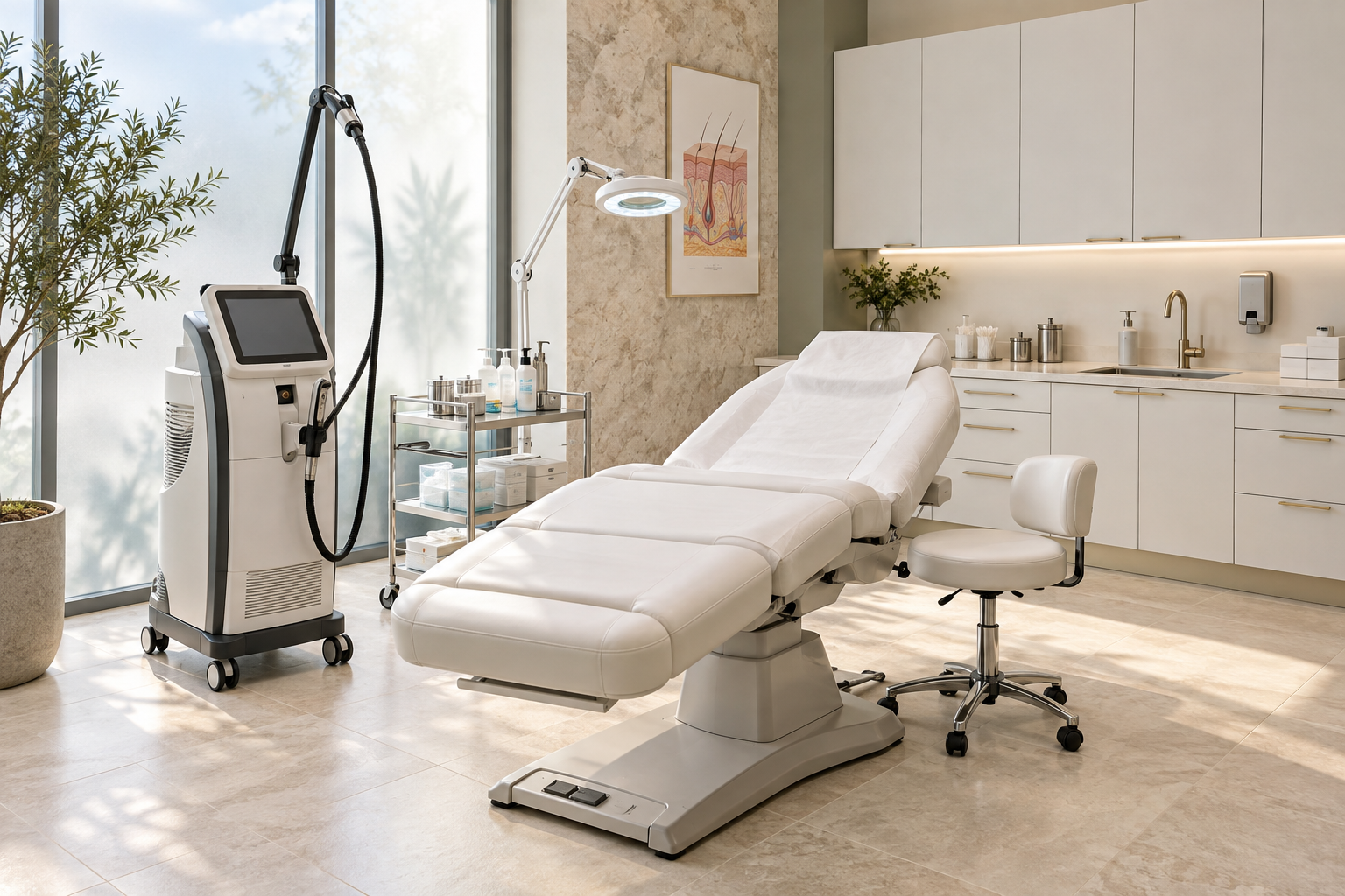 Aesthetic treatment room with an electric treatment bed and laser equipment.