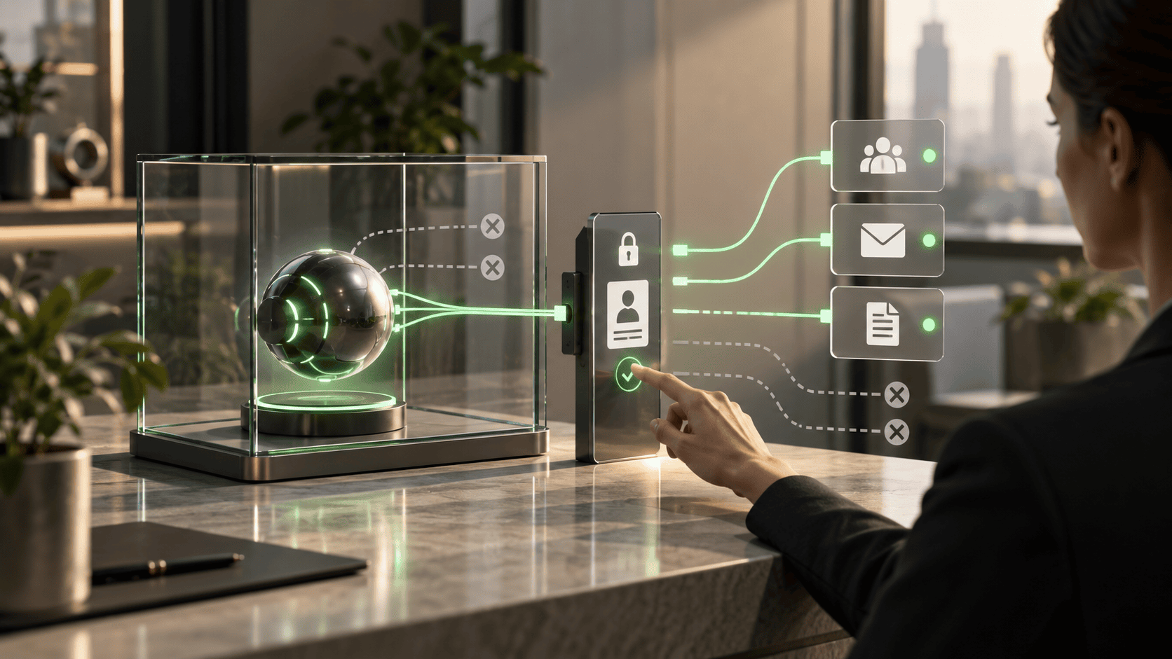 A person authorizes an AI agent to connect to CRM, email and documents while other connections remain blocked.