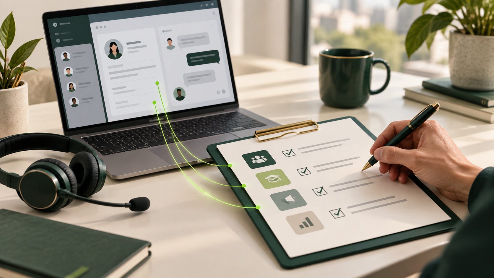 A person reviews a checklist beside a CRM screen and customer service headset, representing human oversight of business AI.