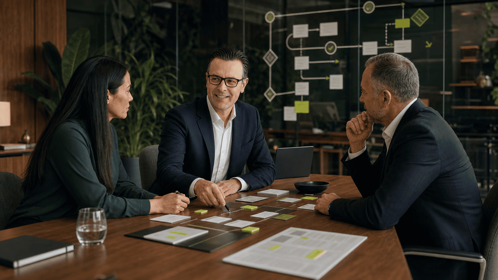 E2M Global Advisory trabajando con un equipo directivo para aplicar IA a procesos comerciales con revisión humana.