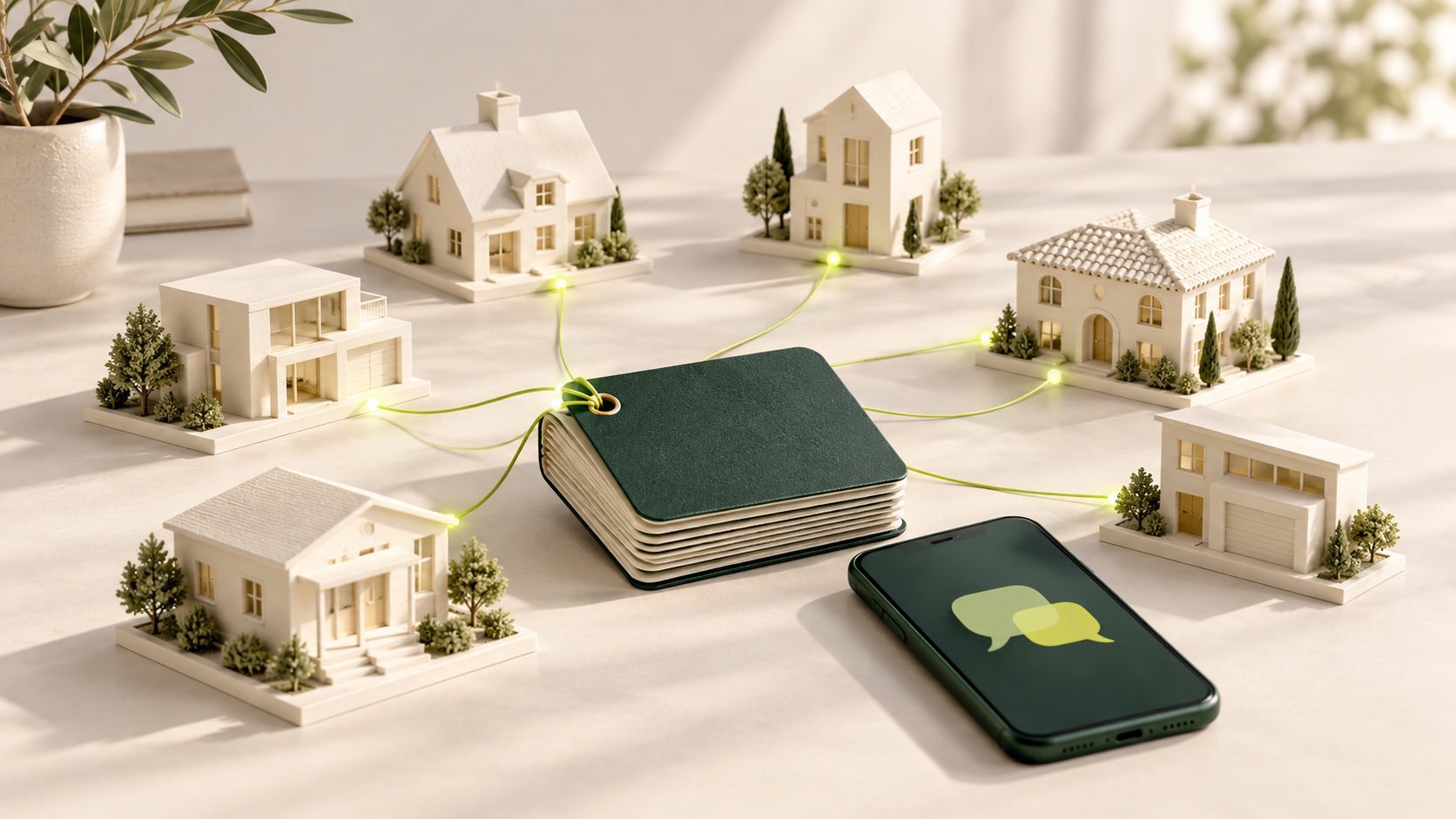 A green contact book connected to miniature homes and a phone, representing opportunities within a real estate contact database.