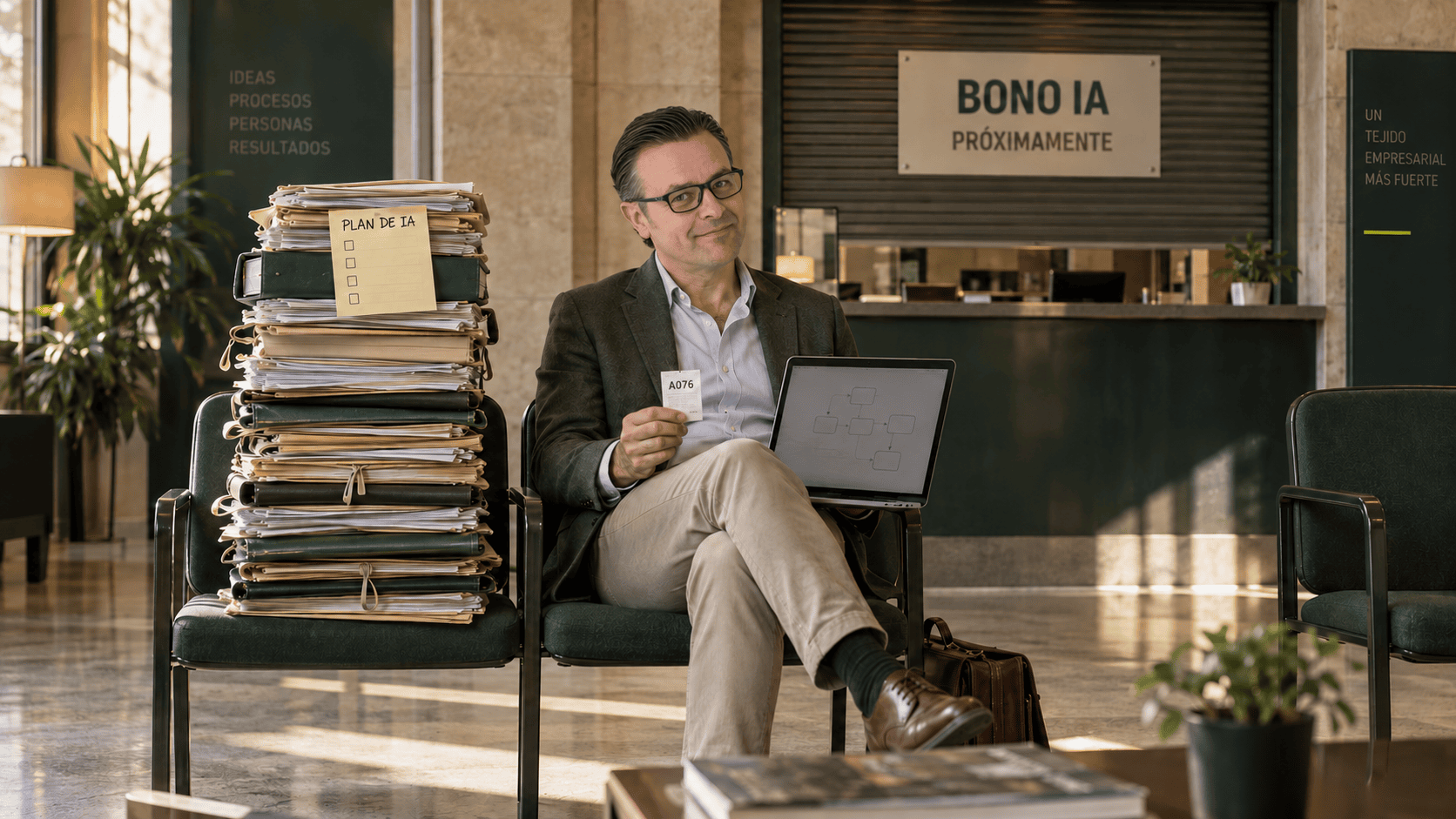 Escena satírica de un empresario esperando el Bono IA junto a una pila de documentos y un plan de IA pendiente.