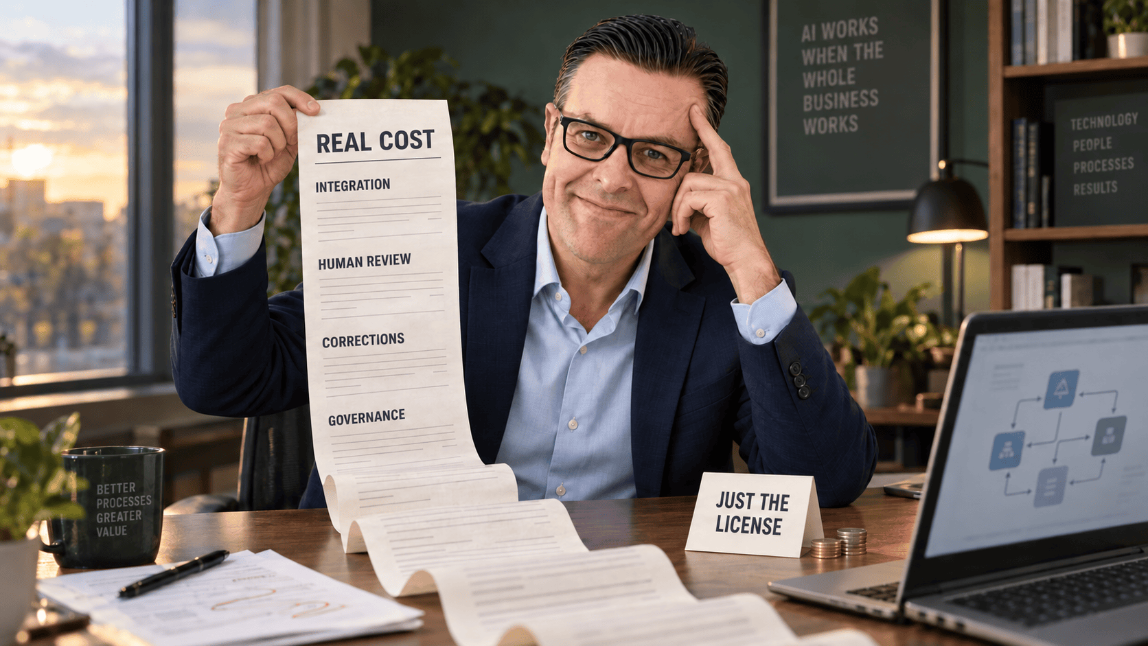 Satirical scene with Edgar Bargues holding a long receipt showing the real cost of AI: integration, human review, corrections and governance.